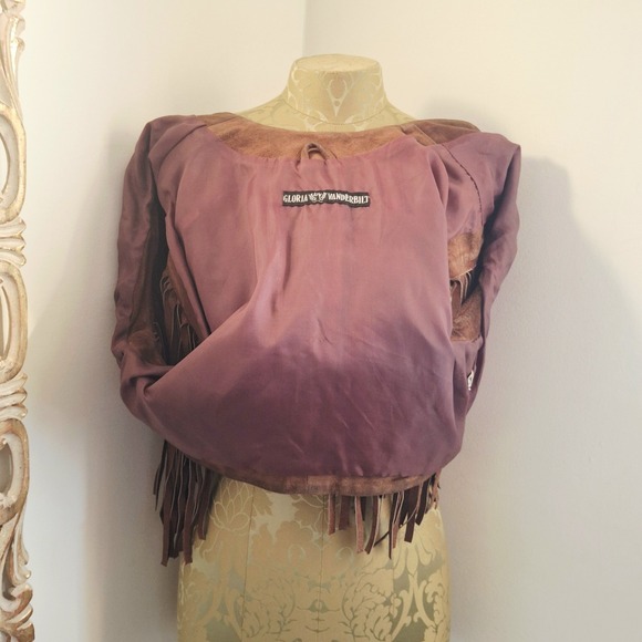 RARE Vintage Gloria Vanderbilt Western Boho Brown Suede Cropped Jacket W/ Fringe - Picture 8 of 10